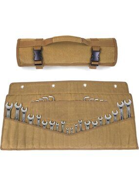 Heavy-Duty 32 Pocket Wrench Roll Up Bag, Waxed Canvas Tool Pouch with Buckles